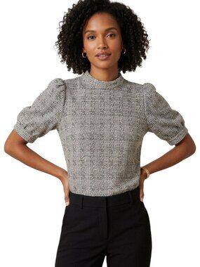 Ann Taylor Stunning Neutral Subtle Gold Thread Tweed Puff Sleeve Top Size XXSp